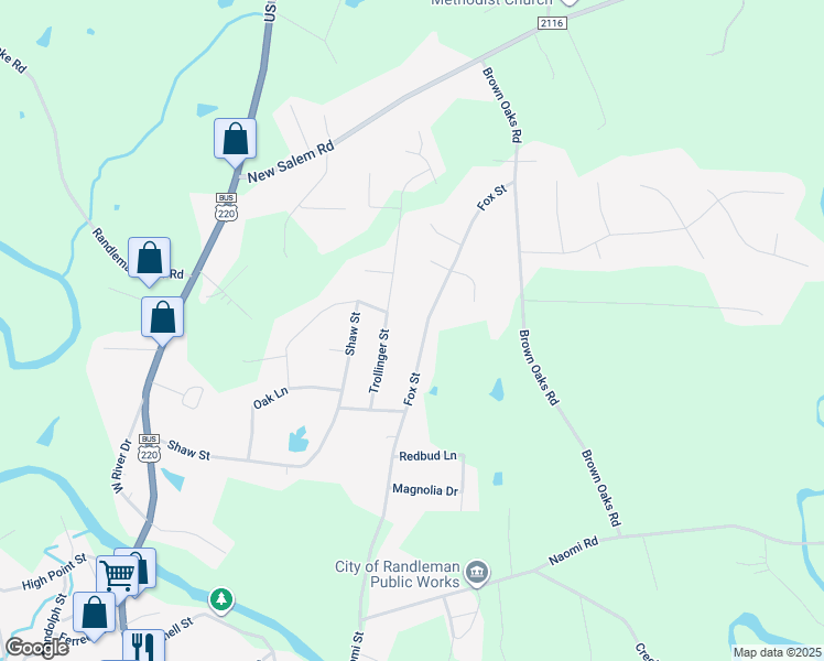 map of restaurants, bars, coffee shops, grocery stores, and more near 4241 Fox Street in Randleman