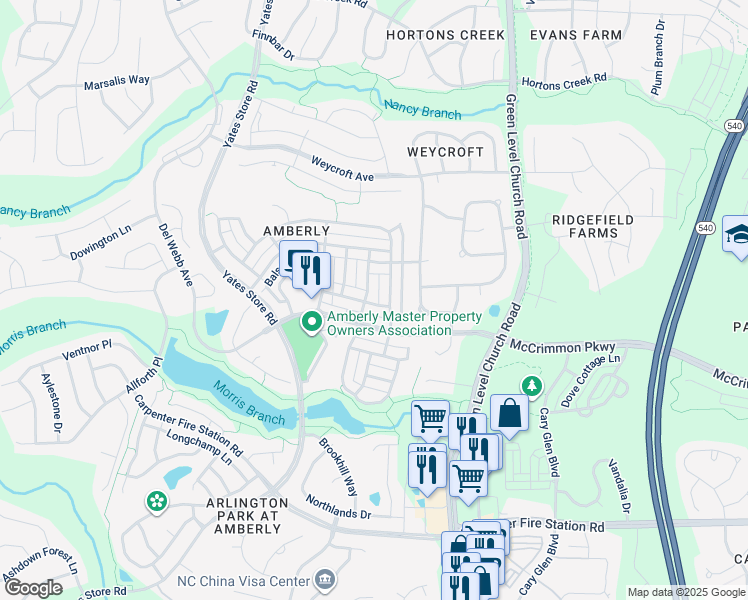 map of restaurants, bars, coffee shops, grocery stores, and more near 3002 Bear Oak Lane in Cary