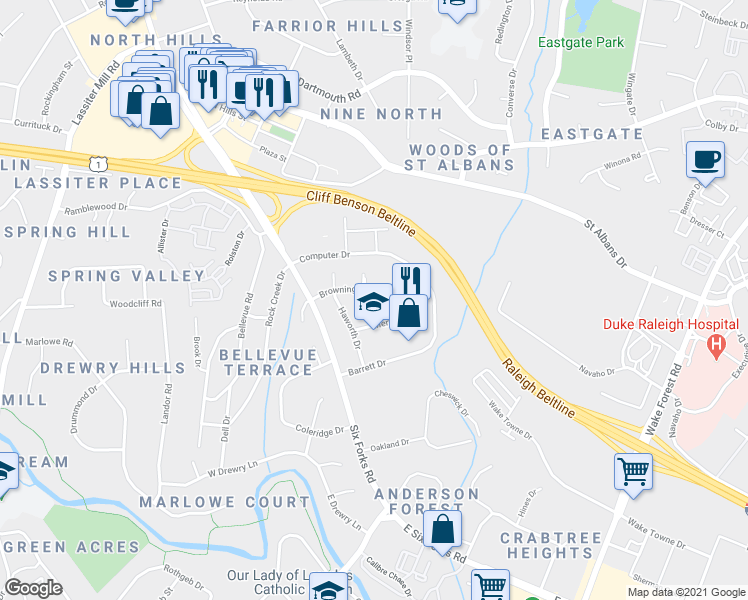map of restaurants, bars, coffee shops, grocery stores, and more near 3900 Browning Place in Raleigh