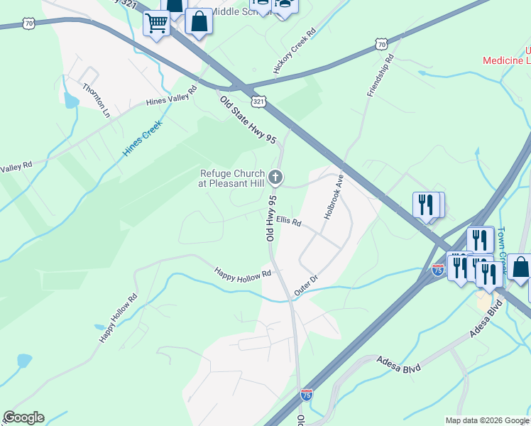 map of restaurants, bars, coffee shops, grocery stores, and more near 115 Del Rio Lane in Lenoir City