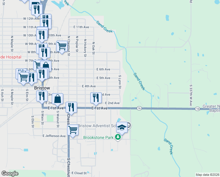 map of restaurants, bars, coffee shops, grocery stores, and more near 712 East 4th Avenue in Bristow