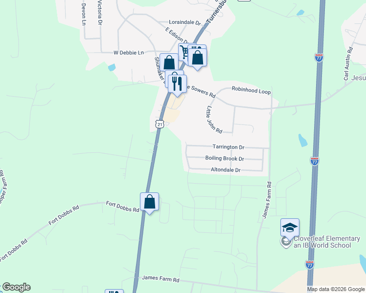 map of restaurants, bars, coffee shops, grocery stores, and more near 213 Tarrington Drive in Statesville