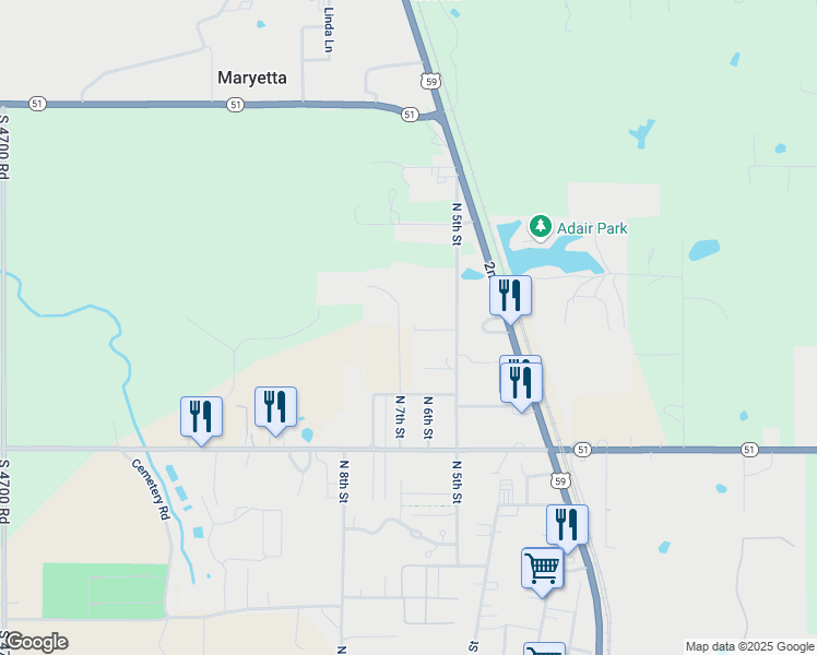 map of restaurants, bars, coffee shops, grocery stores, and more near 1710 North 5th Street in Stilwell