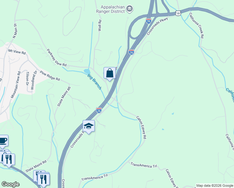 map of restaurants, bars, coffee shops, grocery stores, and more near Crossroads Parkway in Mars Hill
