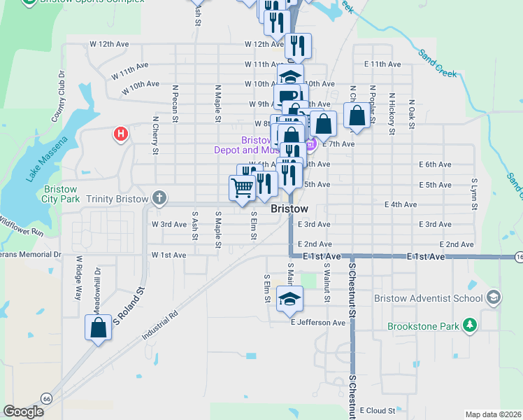 map of restaurants, bars, coffee shops, grocery stores, and more near 144 W 4th Ave in Bristow