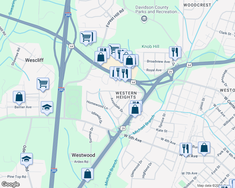 map of restaurants, bars, coffee shops, grocery stores, and more near 321 Western Boulevard in Lexington