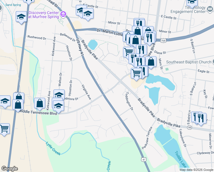 map of restaurants, bars, coffee shops, grocery stores, and more near 1028 Silver Court in Murfreesboro