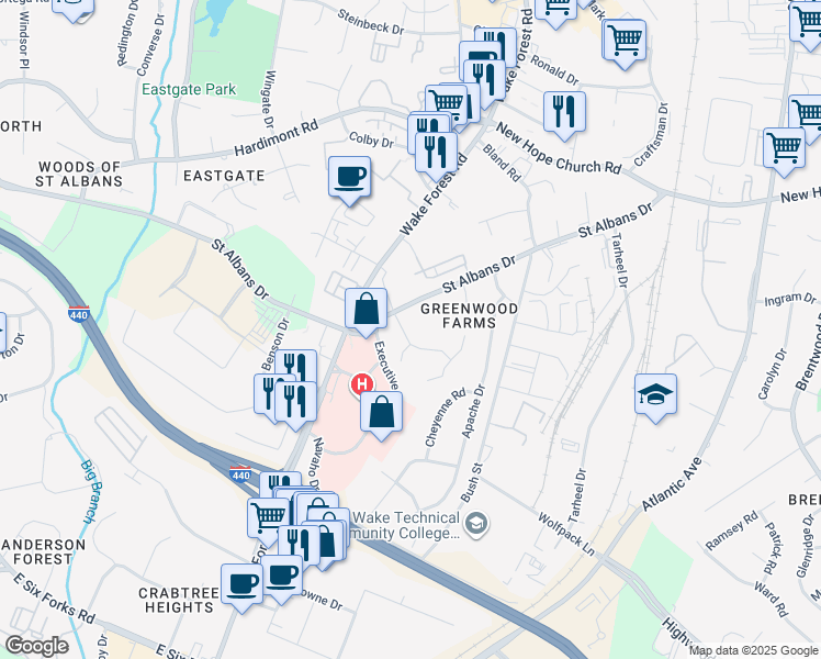 map of restaurants, bars, coffee shops, grocery stores, and more near 3604 Greenlawn Drive in Raleigh