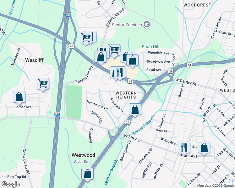 map of restaurants, bars, coffee shops, grocery stores, and more near 321 Western Boulevard in Lexington