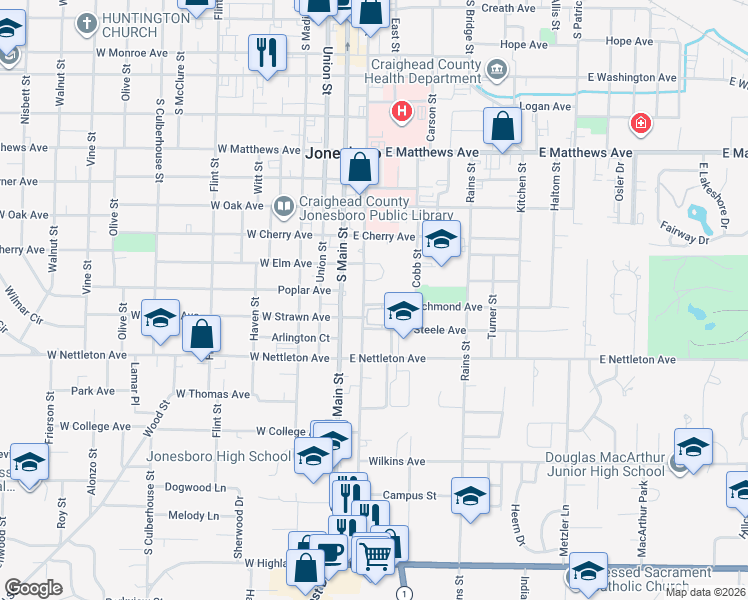 map of restaurants, bars, coffee shops, grocery stores, and more near 204 Richmond Avenue in Jonesboro