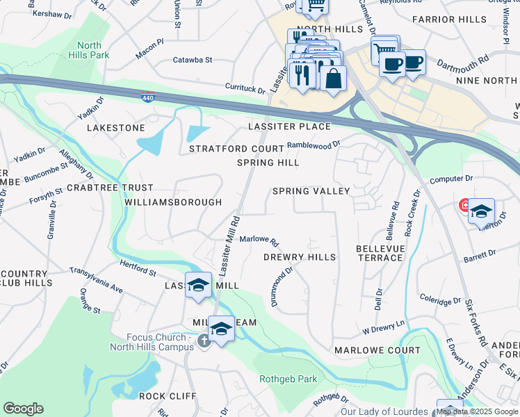 map of restaurants, bars, coffee shops, grocery stores, and more near 512 Hillandale Drive in Raleigh