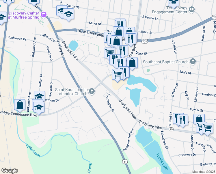 map of restaurants, bars, coffee shops, grocery stores, and more near 999 Bradyville Pike in Murfreesboro