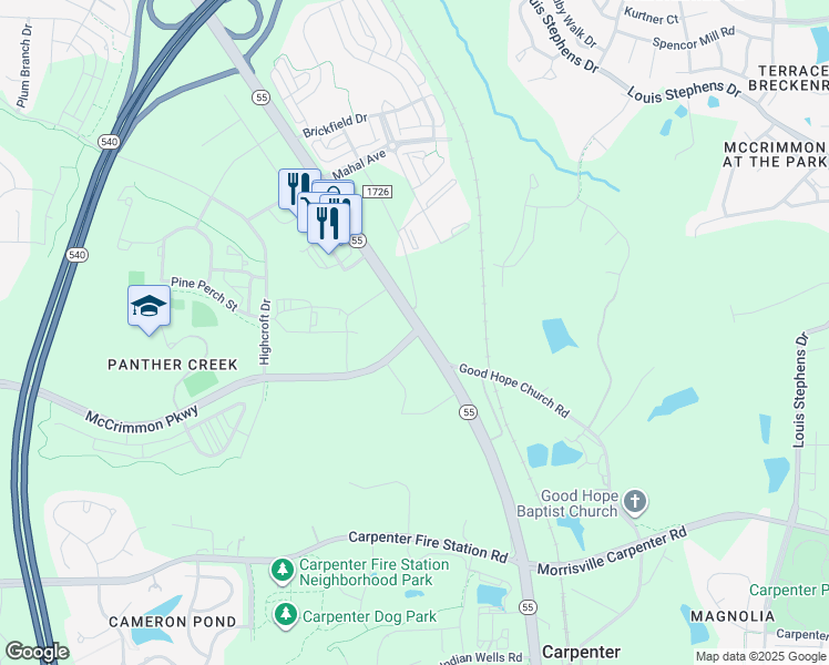 map of restaurants, bars, coffee shops, grocery stores, and more near 4405 North Carolina 55 in Angier