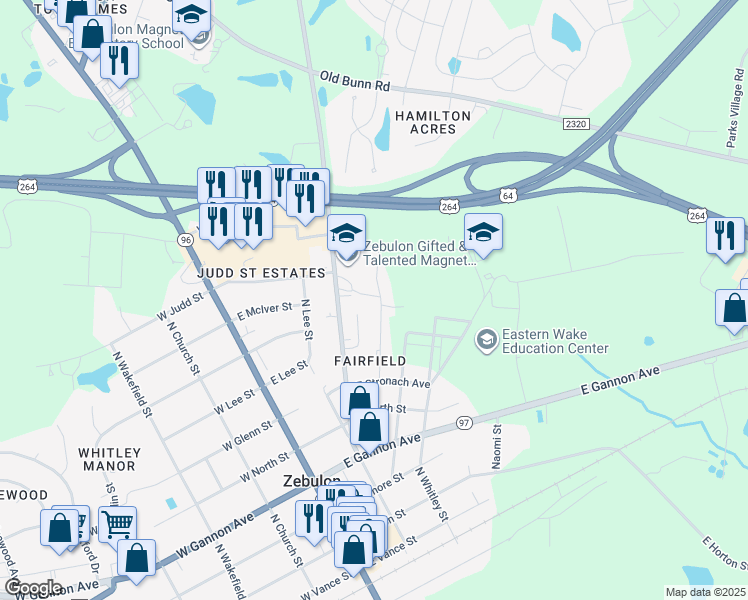 map of restaurants, bars, coffee shops, grocery stores, and more near 805 North Privette Street in Zebulon