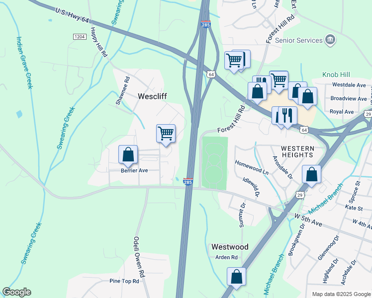 map of restaurants, bars, coffee shops, grocery stores, and more near 64 Old Wagon Road in Lexington