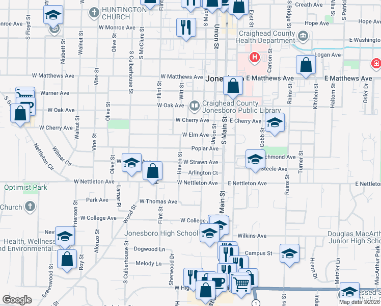 map of restaurants, bars, coffee shops, grocery stores, and more near 314 West Strawn Avenue in Jonesboro