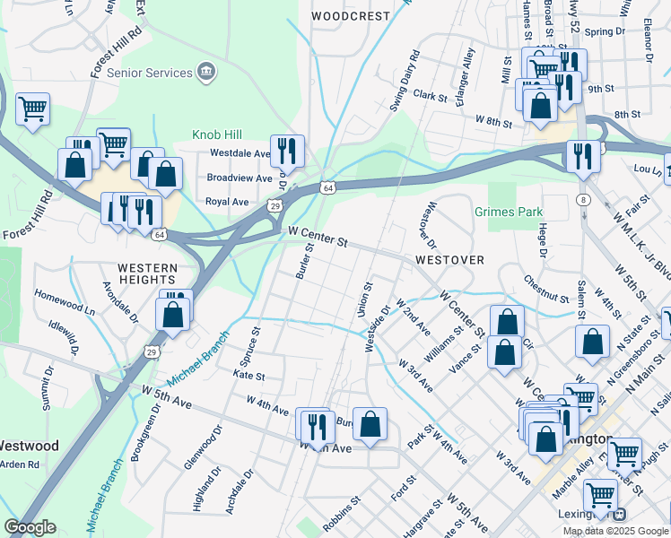 map of restaurants, bars, coffee shops, grocery stores, and more near 101 Shoaf Street in Lexington