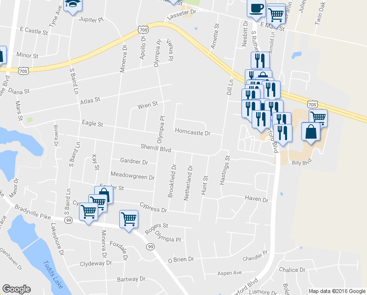 map of restaurants, bars, coffee shops, grocery stores, and more near 2027 Sherrill Boulevard in Murfreesboro
