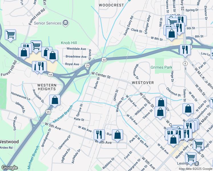 map of restaurants, bars, coffee shops, grocery stores, and more near 101 Shoaf Street in Lexington