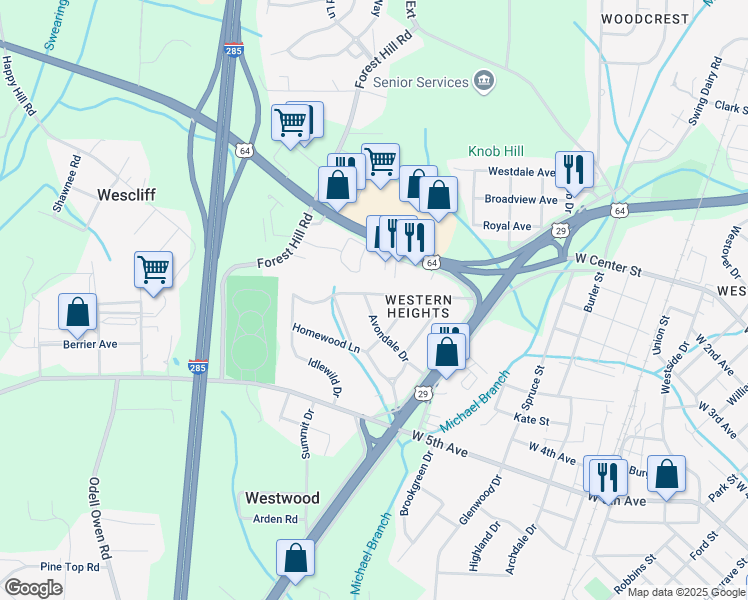 map of restaurants, bars, coffee shops, grocery stores, and more near 210 Avondale Drive in Lexington