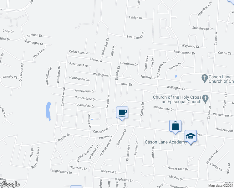 map of restaurants, bars, coffee shops, grocery stores, and more near 1527 Ballater Drive in Murfreesboro