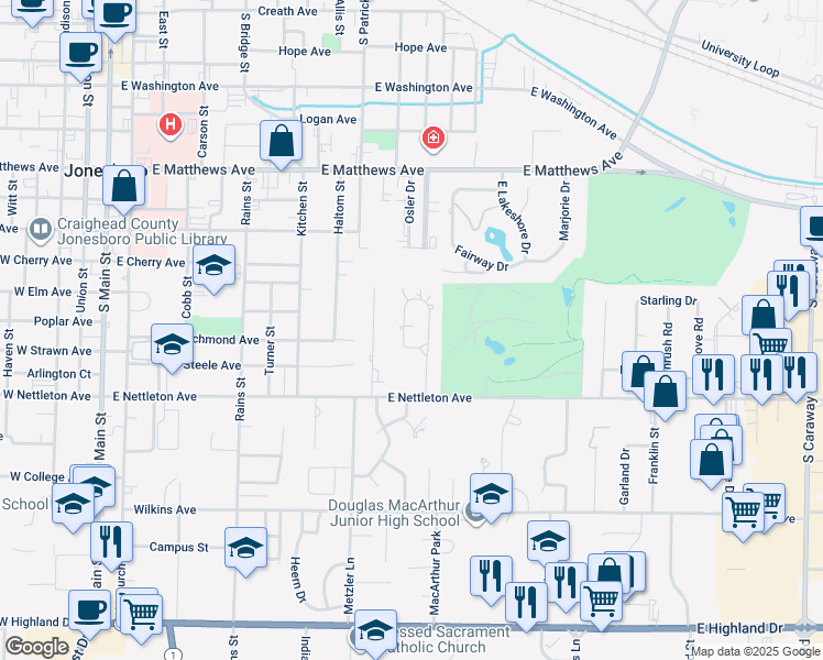 map of restaurants, bars, coffee shops, grocery stores, and more near 1212 West Country Club Terrace in Jonesboro