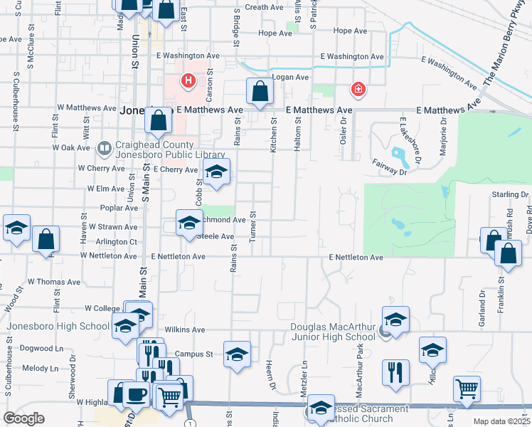 map of restaurants, bars, coffee shops, grocery stores, and more near 1214 Kitchen Street in Jonesboro