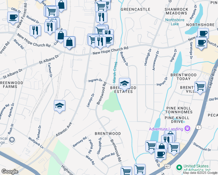 map of restaurants, bars, coffee shops, grocery stores, and more near 3532 Brentwood Road in Raleigh