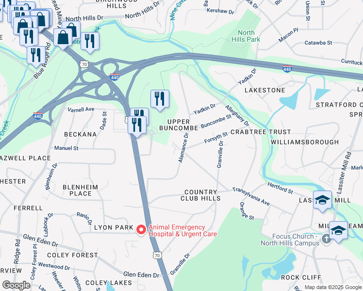 map of restaurants, bars, coffee shops, grocery stores, and more near 213 Transylvania Avenue in Raleigh