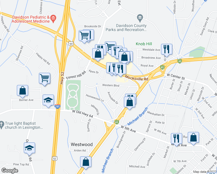 map of restaurants, bars, coffee shops, grocery stores, and more near 210 Avondale Drive in Lexington
