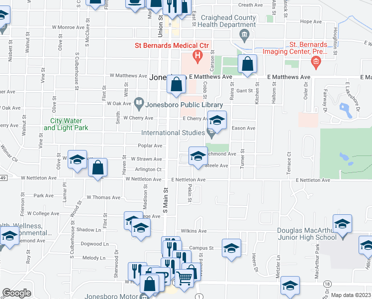 map of restaurants, bars, coffee shops, grocery stores, and more near 204 Richmond Avenue in Jonesboro