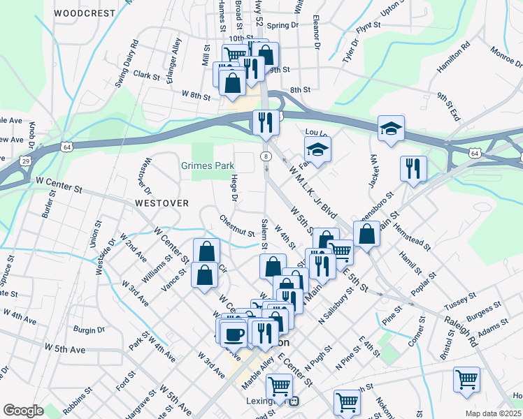 map of restaurants, bars, coffee shops, grocery stores, and more near in Lexington