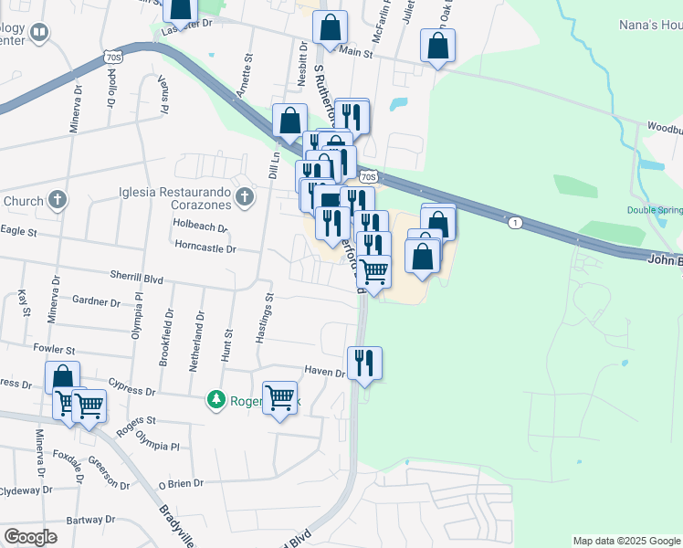 map of restaurants, bars, coffee shops, grocery stores, and more near 2827 South Rutherford Boulevard in Murfreesboro