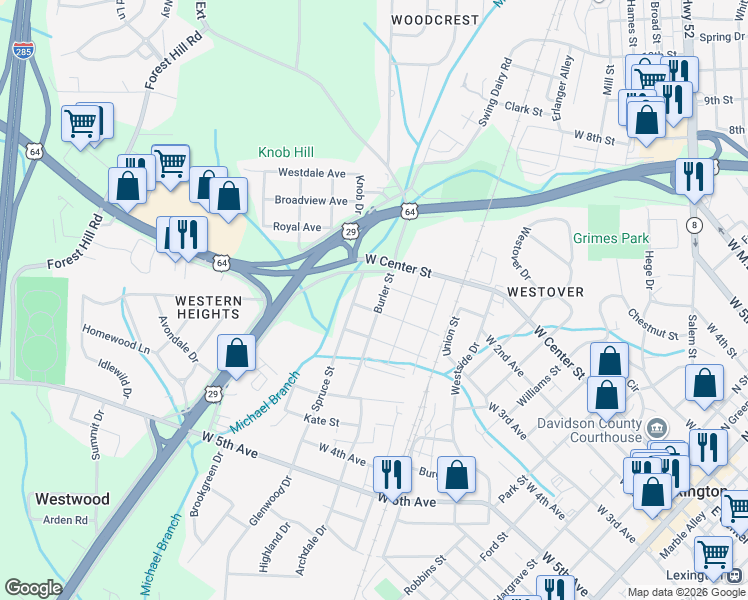 map of restaurants, bars, coffee shops, grocery stores, and more near 107 Burler Street in Lexington