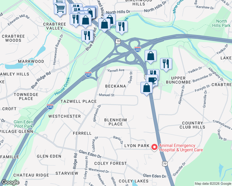map of restaurants, bars, coffee shops, grocery stores, and more near 3600 Swann Street in Raleigh
