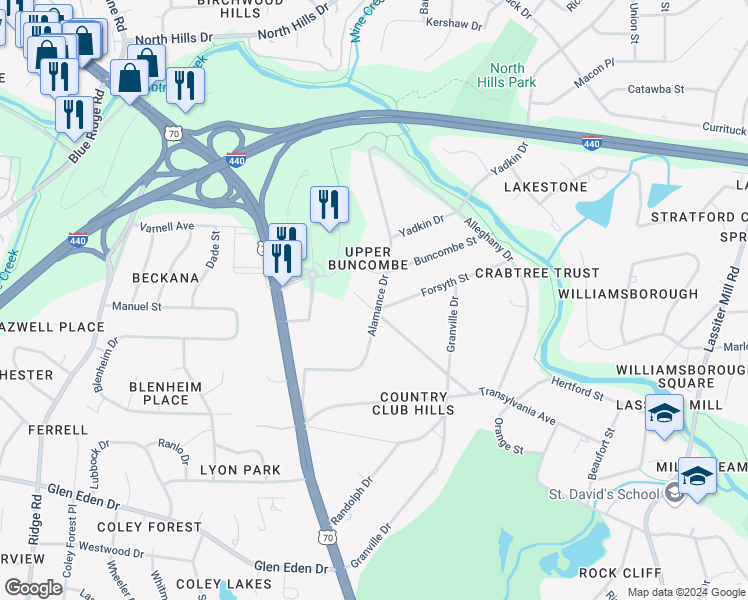 map of restaurants, bars, coffee shops, grocery stores, and more near 213 Transylvania Avenue in Raleigh