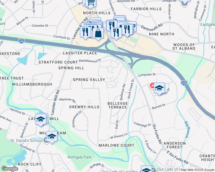 map of restaurants, bars, coffee shops, grocery stores, and more near 227 Penley Circle in Raleigh