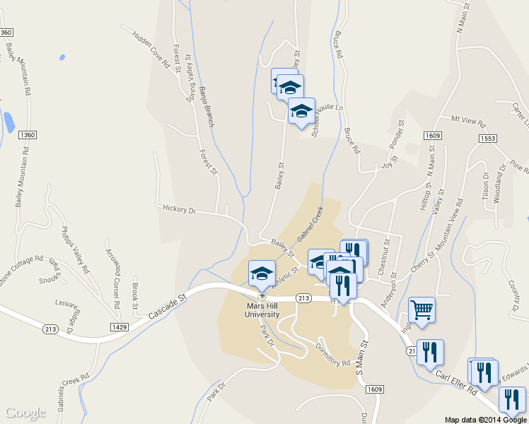 map of restaurants, bars, coffee shops, grocery stores, and more near 439 Bailey St in Mars Hill
