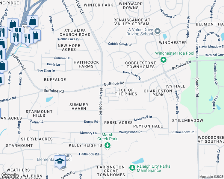 map of restaurants, bars, coffee shops, grocery stores, and more near 3649 Top of the Pines Court in Raleigh