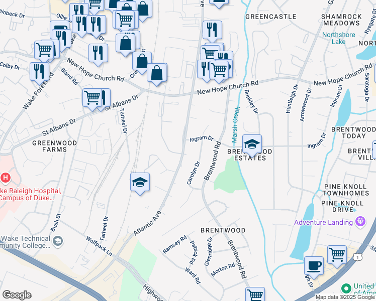 map of restaurants, bars, coffee shops, grocery stores, and more near 3500 Atlantic Avenue in Raleigh