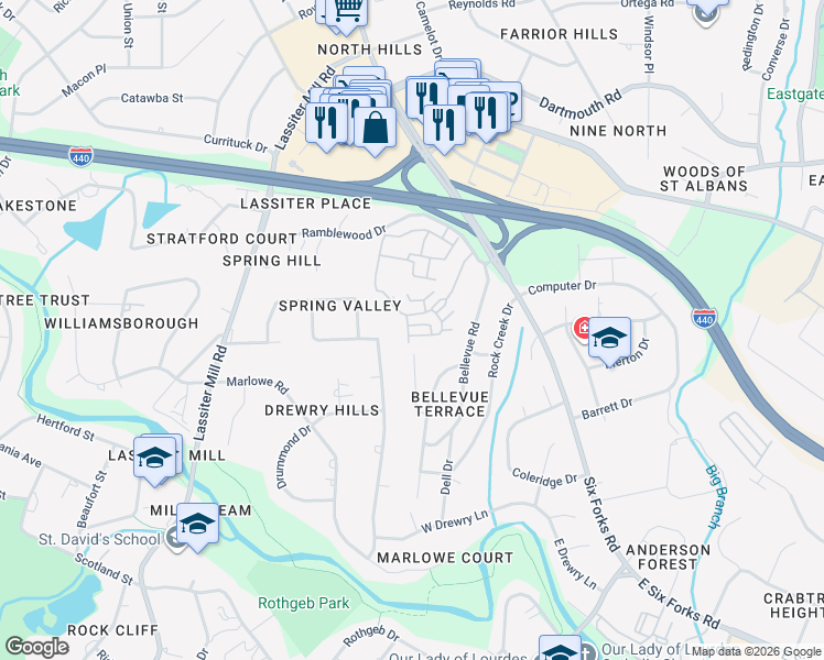 map of restaurants, bars, coffee shops, grocery stores, and more near 227 Penley Circle in Raleigh