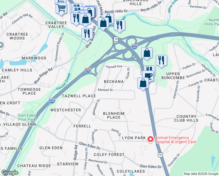 map of restaurants, bars, coffee shops, grocery stores, and more near 3600 Swann Street in Raleigh