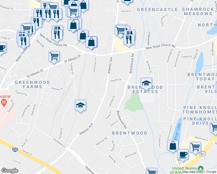 map of restaurants, bars, coffee shops, grocery stores, and more near 3500 Atlantic Avenue in Raleigh