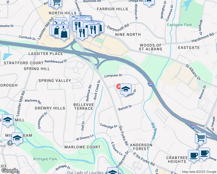 map of restaurants, bars, coffee shops, grocery stores, and more near 3721 Browning Place in Raleigh