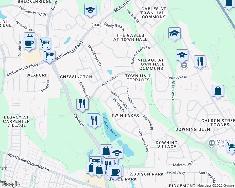 map of restaurants, bars, coffee shops, grocery stores, and more near 200 Bog Hill Lane in Cary