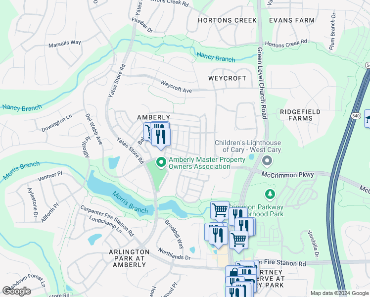 map of restaurants, bars, coffee shops, grocery stores, and more near 1204 Chalk Maple Drive in Cary
