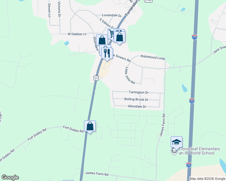 map of restaurants, bars, coffee shops, grocery stores, and more near 213 Tarrington Drive in Statesville