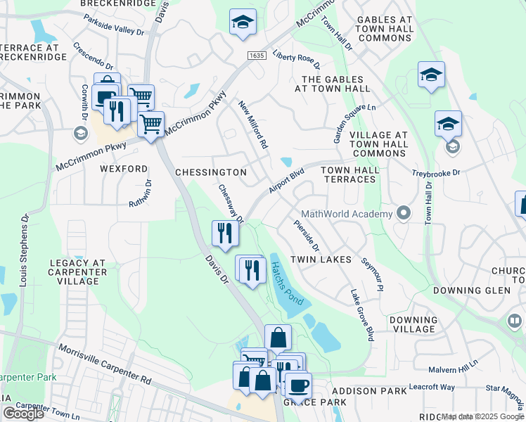 map of restaurants, bars, coffee shops, grocery stores, and more near 114 Bright Sand Court in Cary