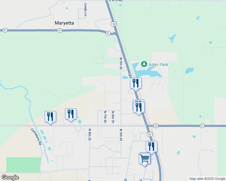 map of restaurants, bars, coffee shops, grocery stores, and more near 1710 North 5th Street in Stilwell