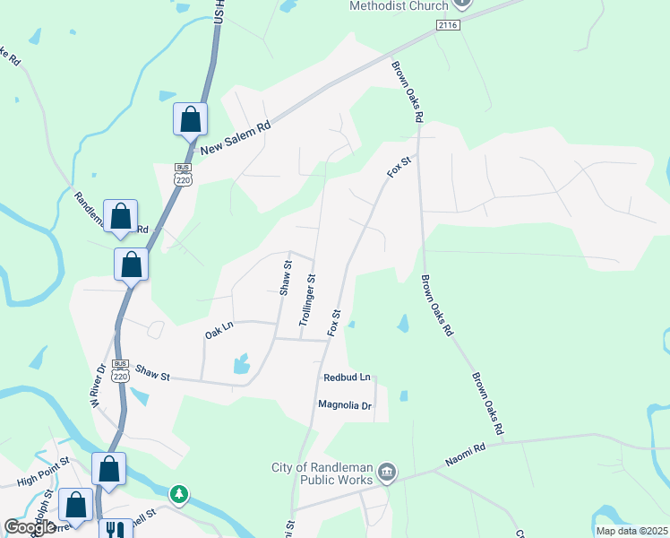 map of restaurants, bars, coffee shops, grocery stores, and more near 4241 Fox Street in Randleman